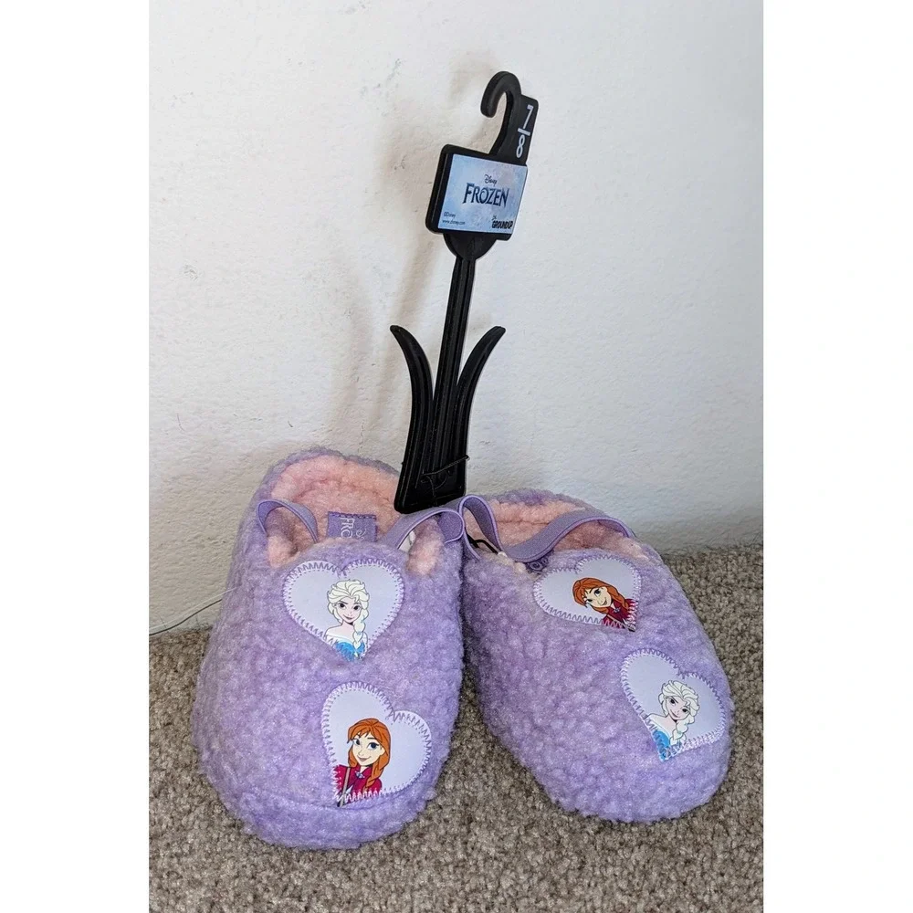 Disney Frozen Slippers Anna Elsa Plush Purple‎ Kids Size 7/8 NWT